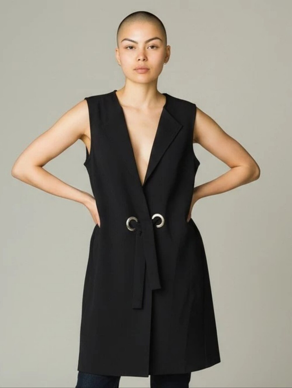 Sleeveless Black Long Vest with Grommet Detail Tie Closure